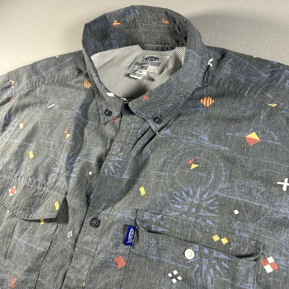 Mens AFTCO Nautical Button Up Fishing Shirt Gray Print Short Sleeve XL Vented